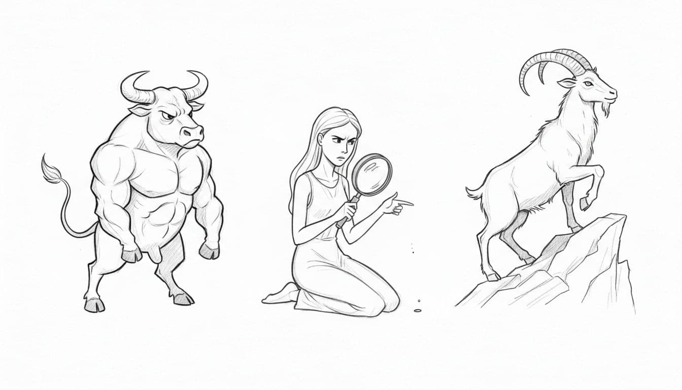 Hand-drawn graphite linework sketch on white paper showing ironic traits of earth signs: stubborn Taurus bull refusing to move, nitpicking Virgo maiden with magnifying glass, and solitary Capricorn goat climbing alone, arranged in a row with light shading.