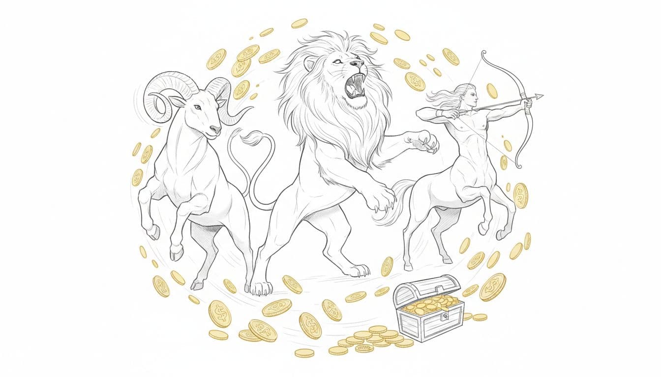 Graphite sketch of charging Aries ram, roaring Leo lion, aiming Sagittarius archer amid scattering gold coins and treasure chest.