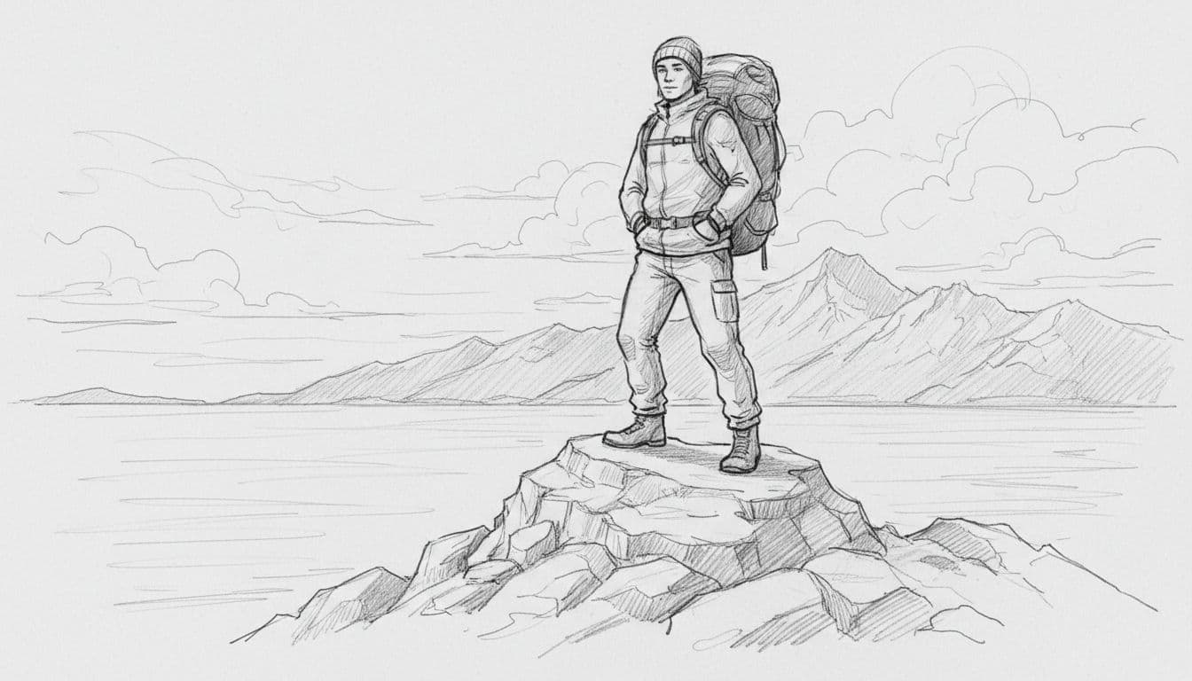 Sketched tourist with backpack stands on rocky summit overlooking sea and mountain.