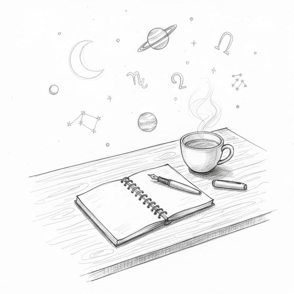 Hand-drawn sketch of desk, notebook, coffee cup with faint planets and constellations floating above.