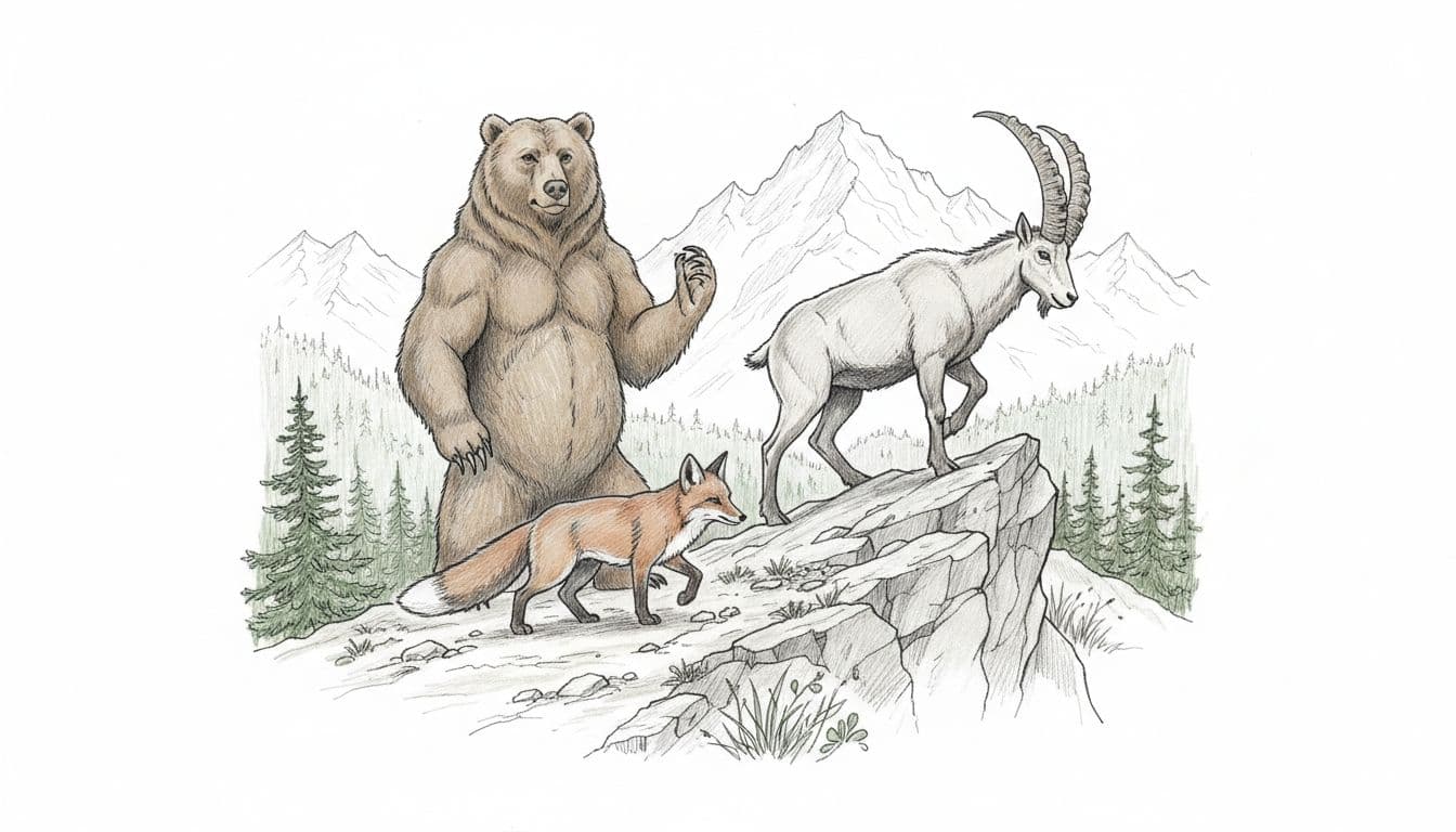 Bear stands on hind legs, fox on path, goat climbs rock on forested mountain slope.