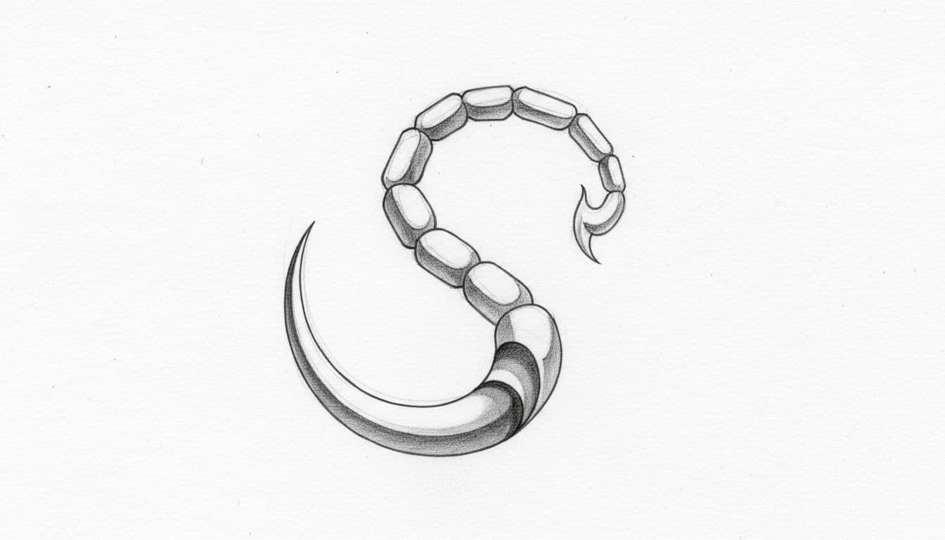 Graphite sketch on white paper of stylized bull horn merged with scorpion tail silhouette.