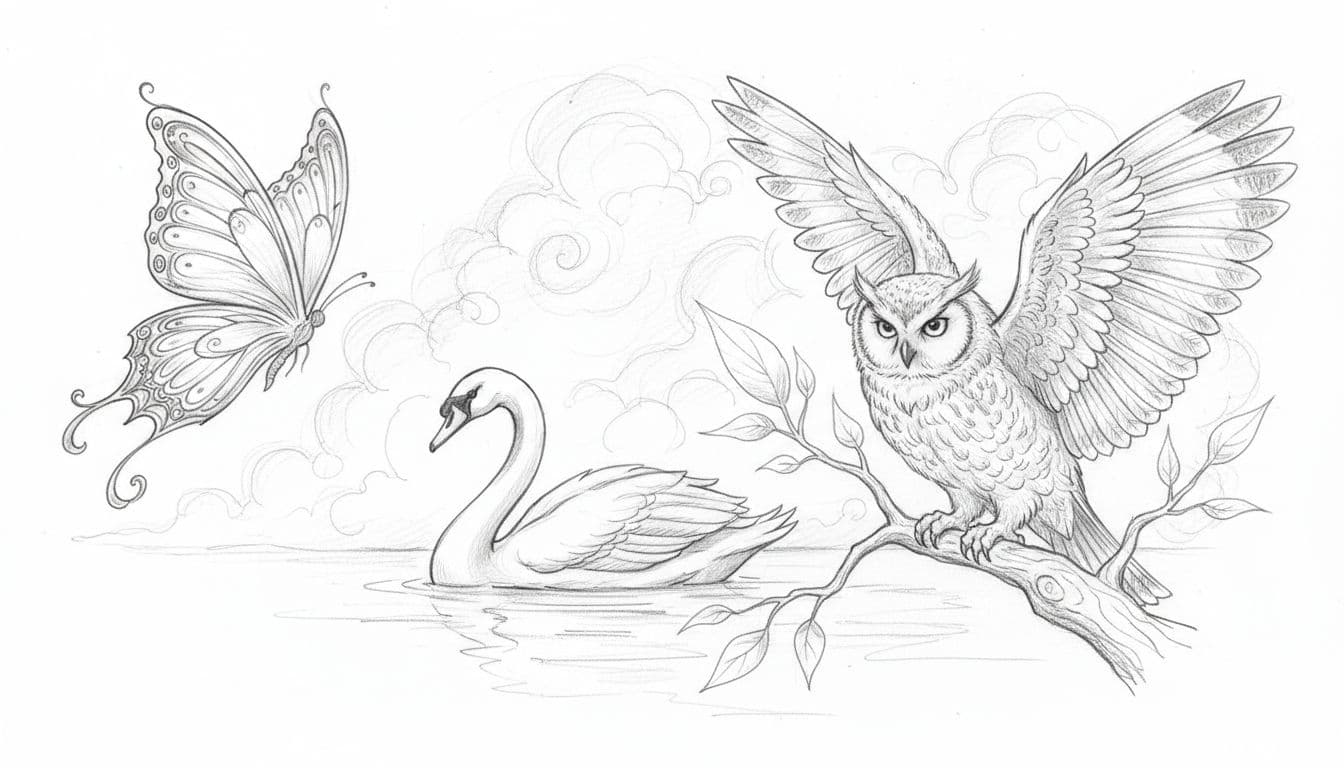 Graphite sketch of flying butterfly, gliding swan on water, owl on branch with sky and foliage.