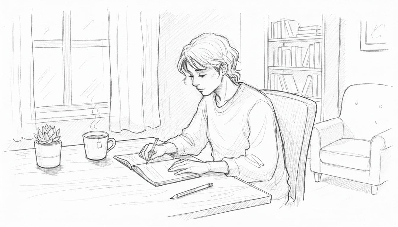 Hand-drawn sketch of person at desk with small plant, open notebook, and tea cup on white paper.