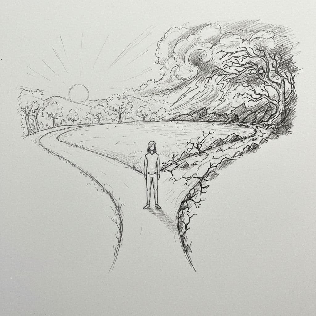 A graphite sketch of a person standing at a fork between a peaceful path and a stormy path.