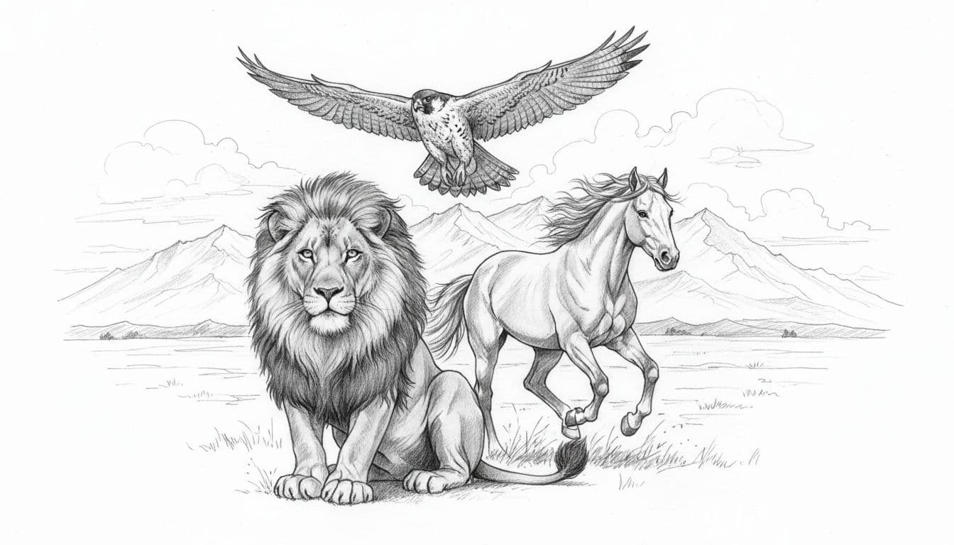 Graphite sketch of flying eagle, sitting lion, and galloping horse on open landscape with mountains.