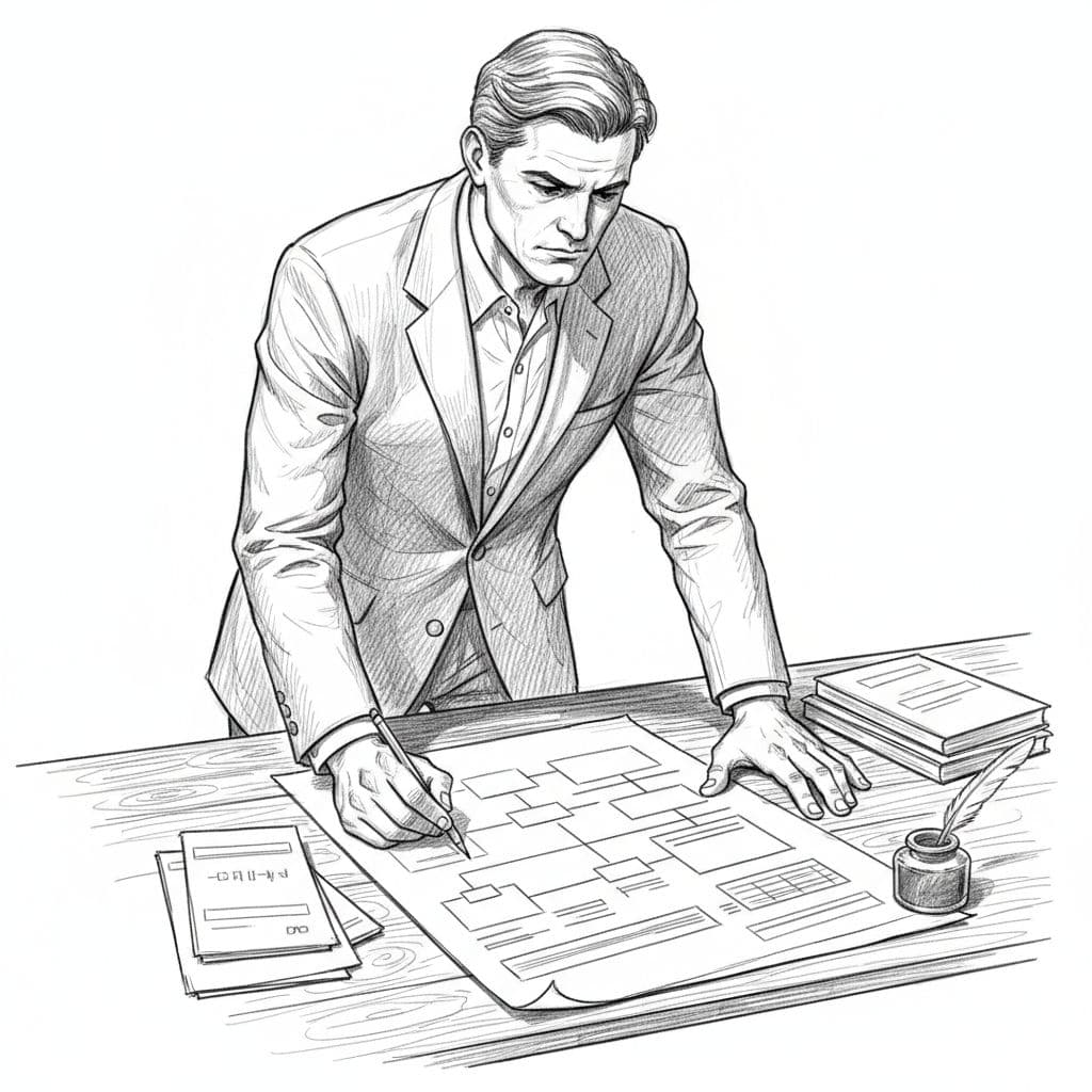 Hand-drawn graphite sketch of a focused professional intently viewing a document on a table with light shading.