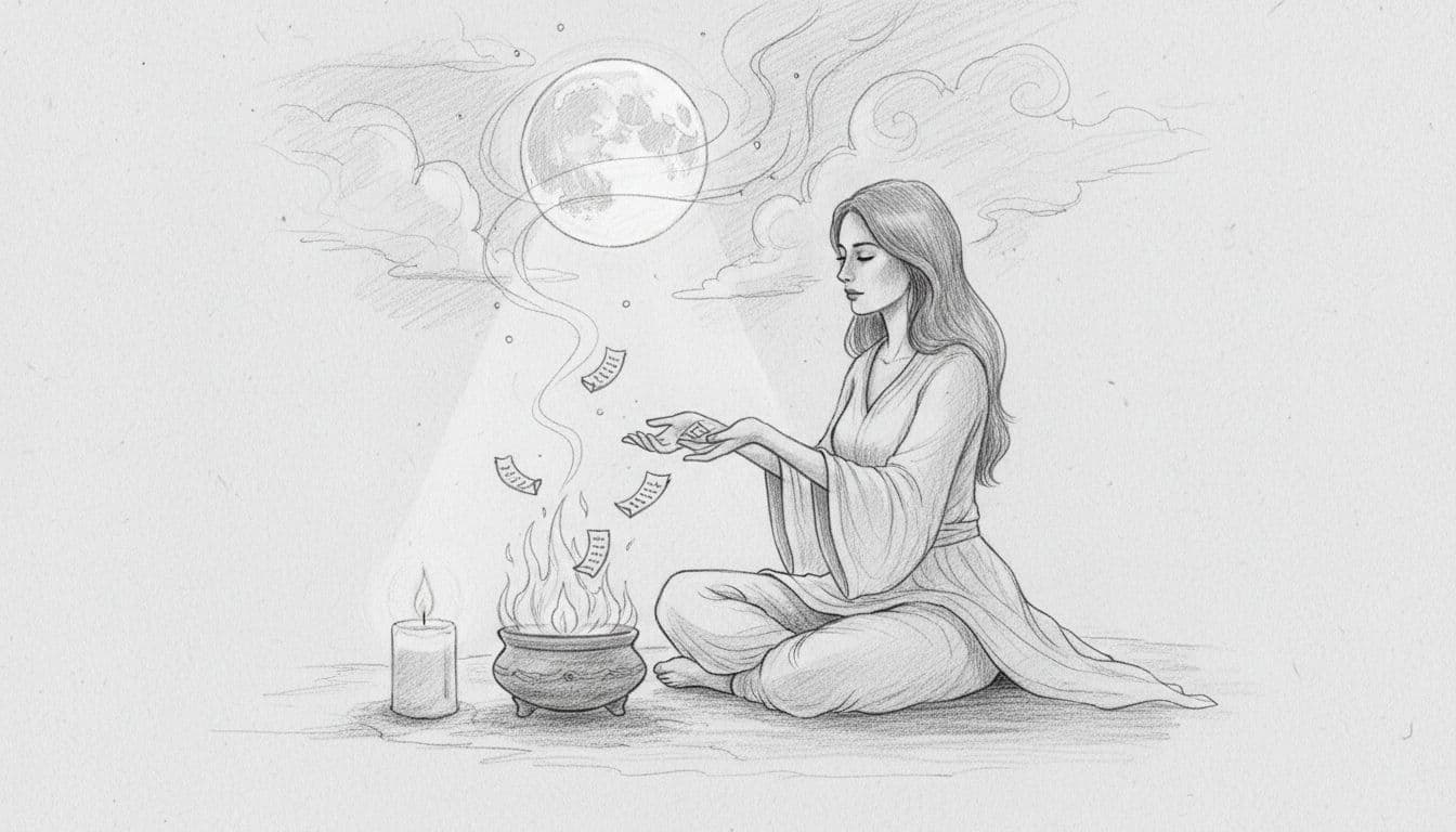 Graphite sketch of woman sitting cross-legged under full moon, releasing notes into fire bowl beside candle.