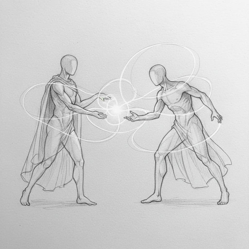 A graphite drawing shows two figures connected by glowing light trails, representing communication and duality.