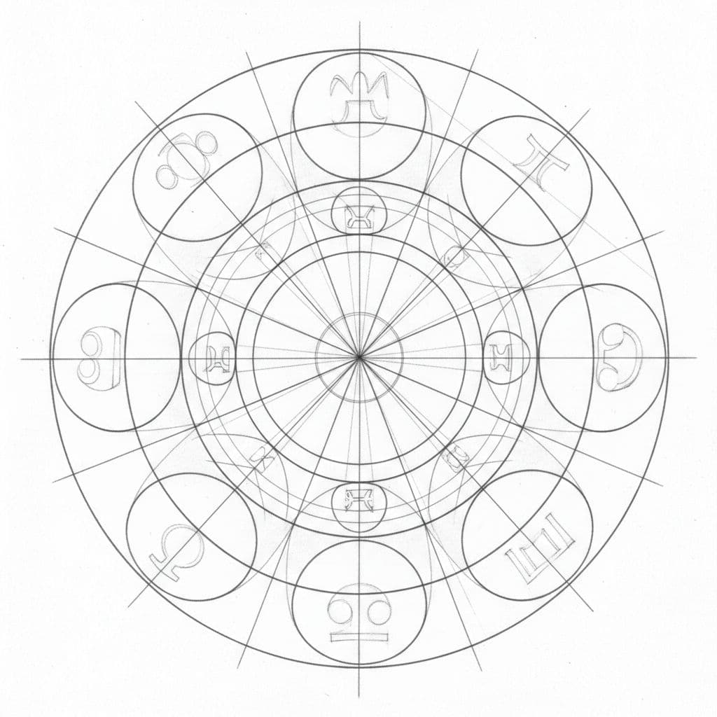 A delicate graphite illustration features an intricate birth chart design with overlapping geometric circles and fine grid lines. Soft shading accentuates faint, hand-drawn zodiac motifs across the clean white paper surface.