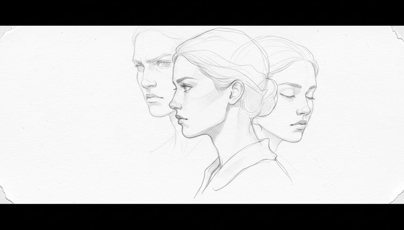 A refined graphite portrait depicts a person in profile view. Faint, overlapping faces emerge in the soft background, illustrating complex psychological depth through elegant, minimal line work and light tonal shading.