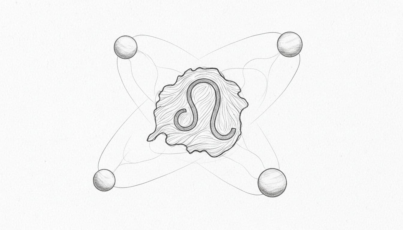 A delicate graphite drawing on white paper displays several spheres connected by faint gravitational lines. These circular shapes vary in size, clustering around a prominent central orb to suggest complex orbital movement.