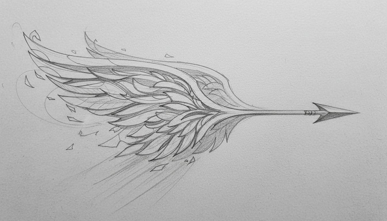 Graphite sketch on light gray paper shows abstract wings merging into a swift arrow shape with clean lines and light shading.