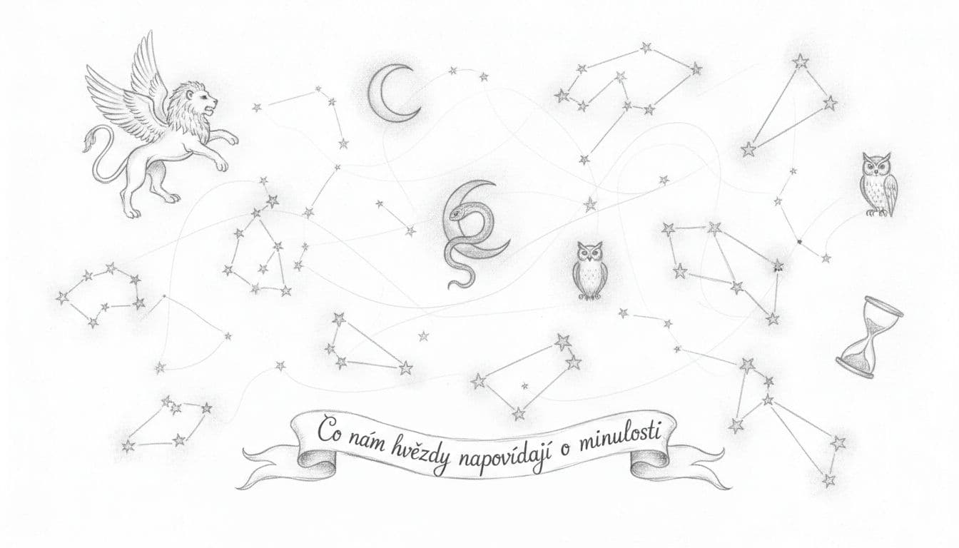 A detailed graphite sketch displays stars connected by thin lines forming mystical constellations on a white background.