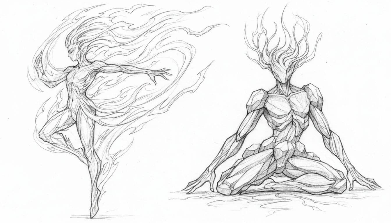 A graphite drawing on white paper depicts two stylized figures representing contrasting dynamic and grounded elemental energies.