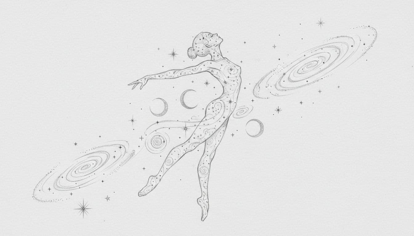 A graphite sketch of a human silhouette surrounded by subtle constellation patterns on gray paper.