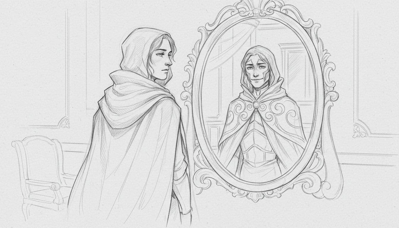 Graphite sketch on light gray paper depicts a person gazing into a mirror at a slightly different version of themselves.