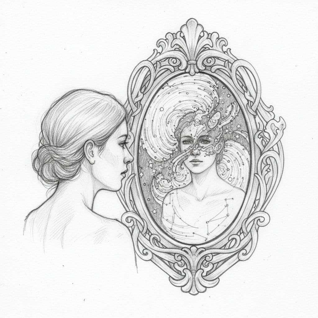 A graphite drawing shows a person looking into an ornate mirror revealing subtle celestial patterns.