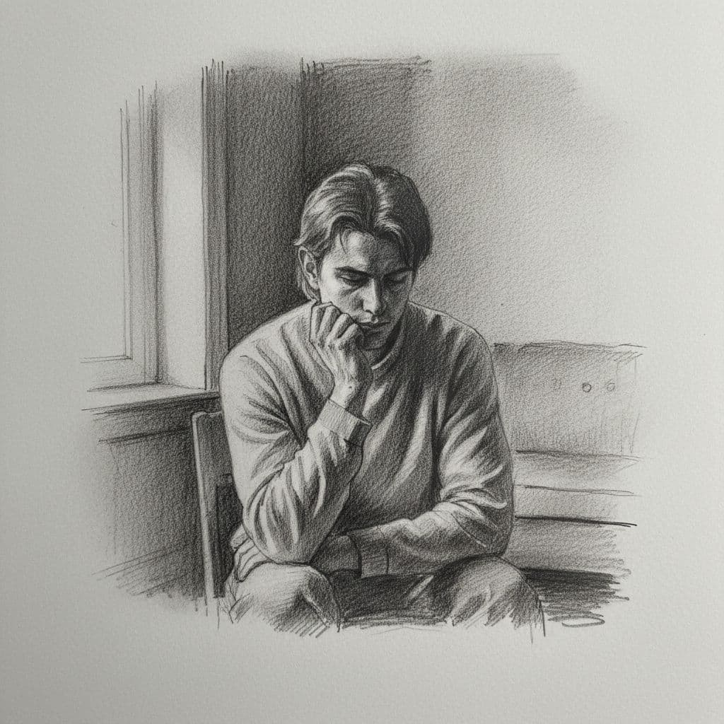 A graphite drawing shows a contemplative person standing in a dimly lit, shadowed room.