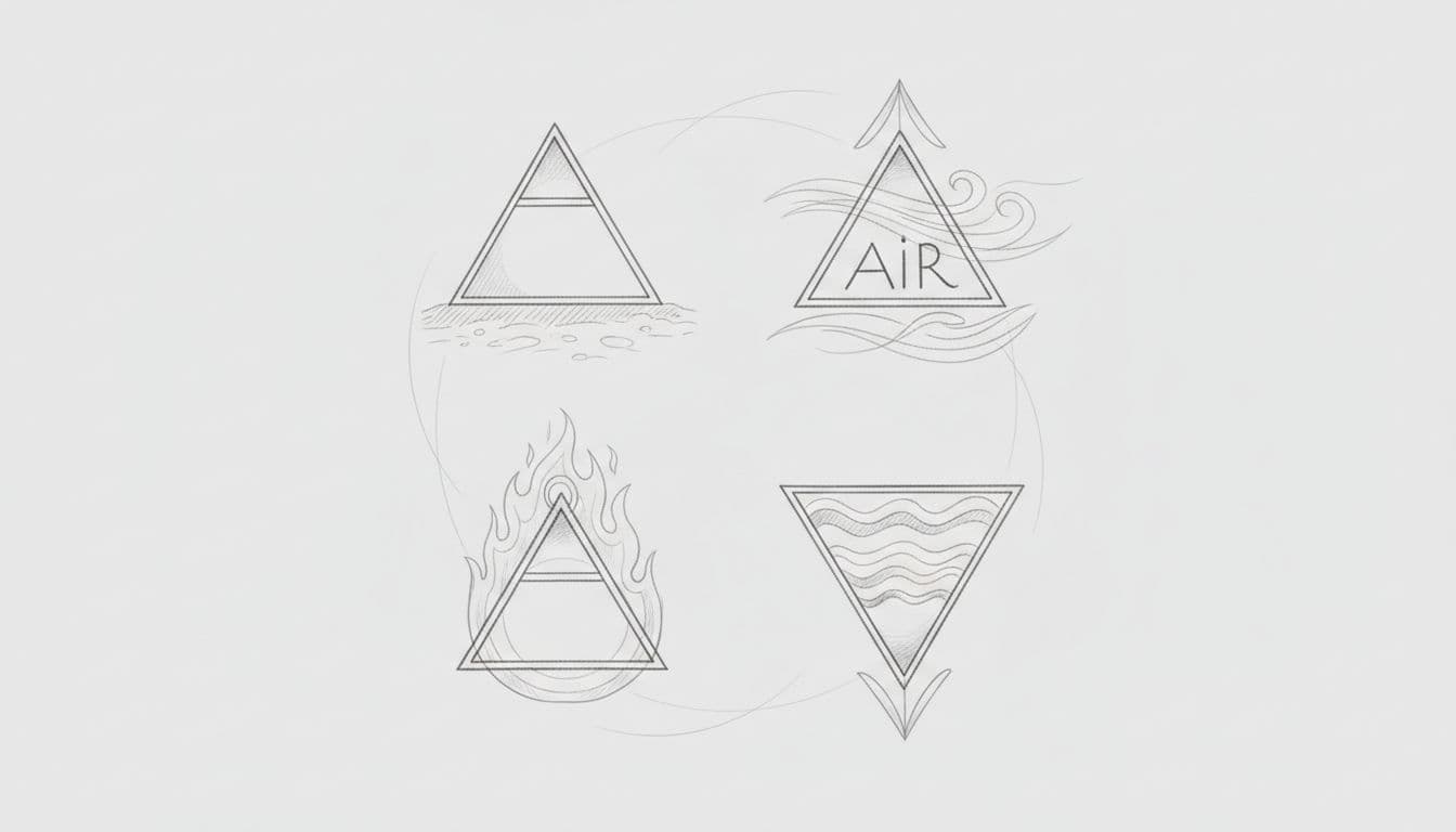 A graphite pencil drawing features four distinct symbols representing earth, air, fire, and water on light gray paper.