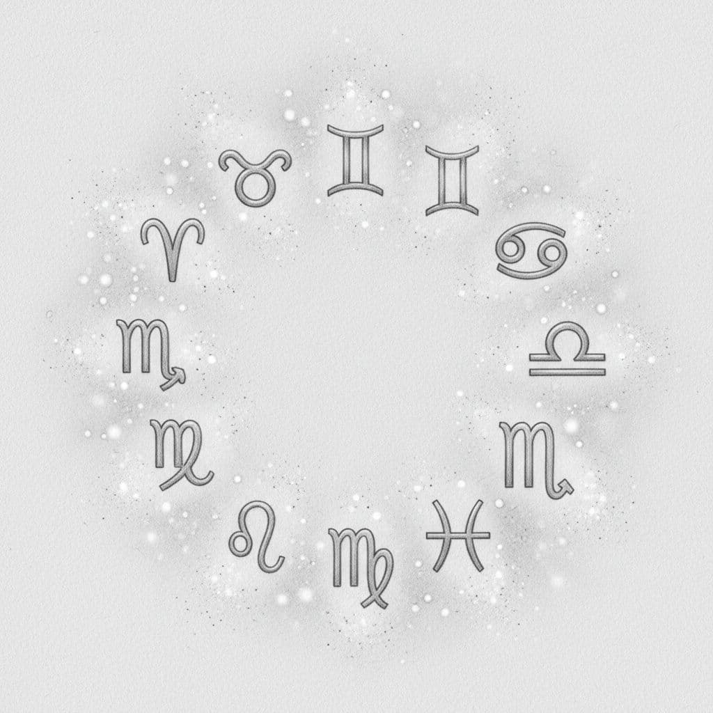 A graphite drawing of twelve zodiac symbols arranged in a circle amidst faint stardust.