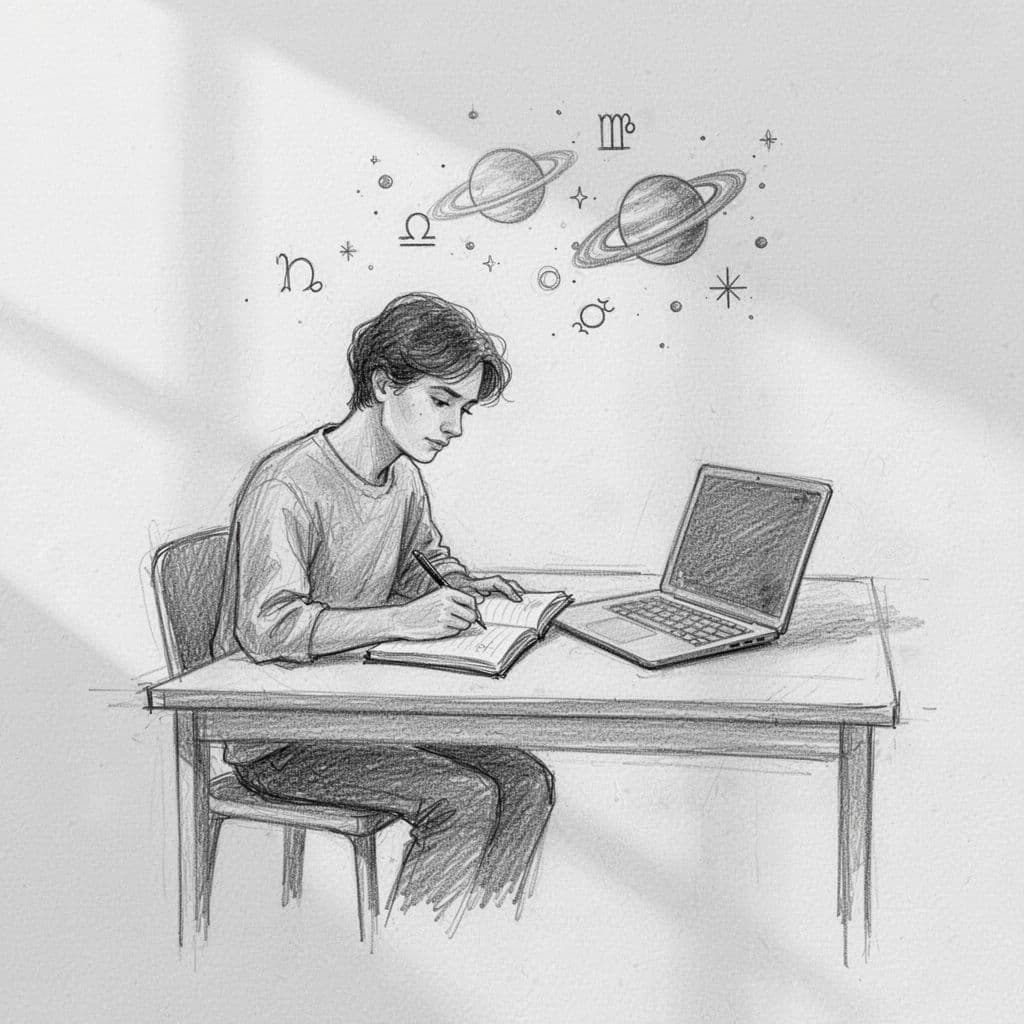 Hand-drawn sketch shows a person sitting at a desk with notebook and laptop, subtle planetary symbols floating above on white background.