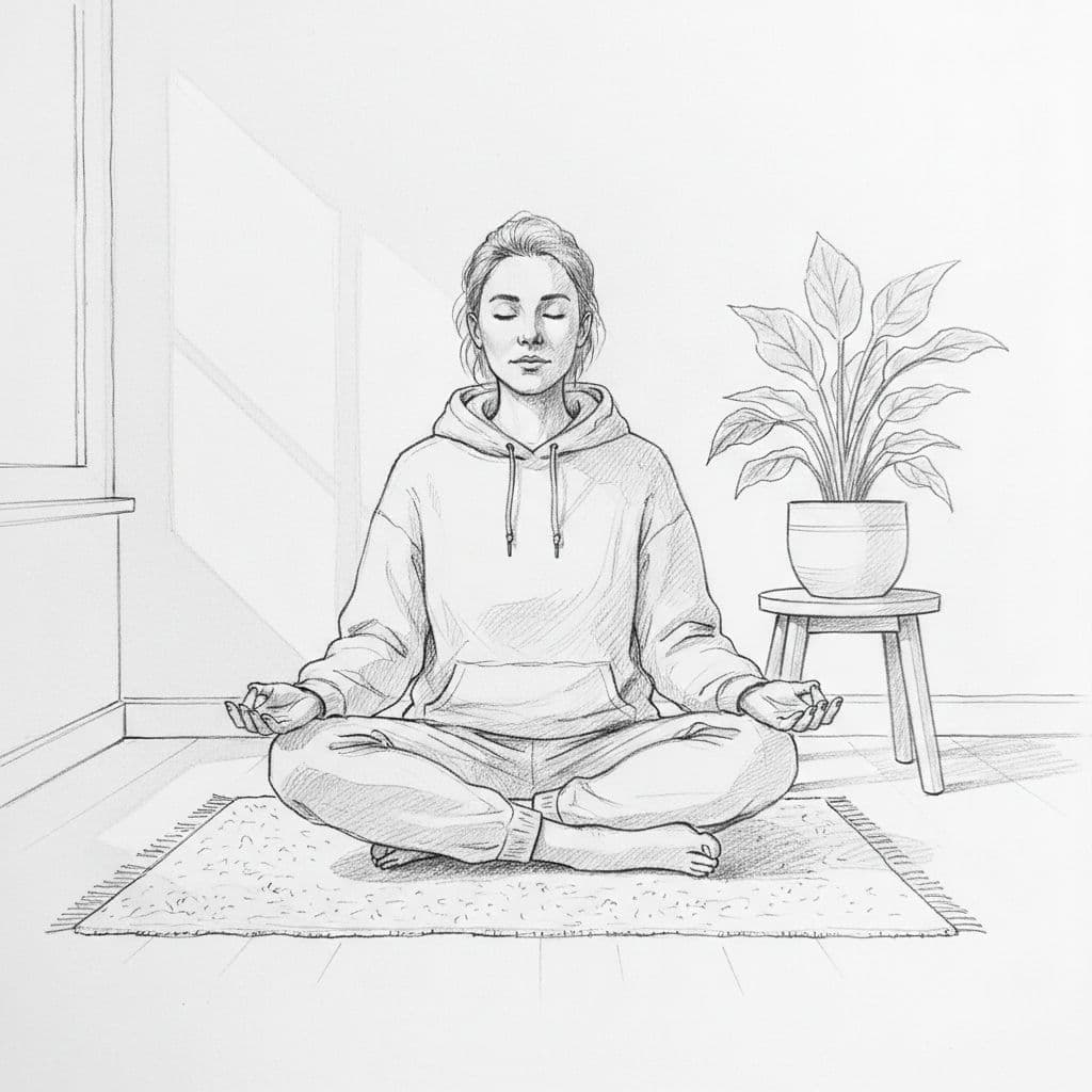 Graphite sketch of young adult cross-legged on floor, eyes closed, hands in lap, potted plant in simple room.