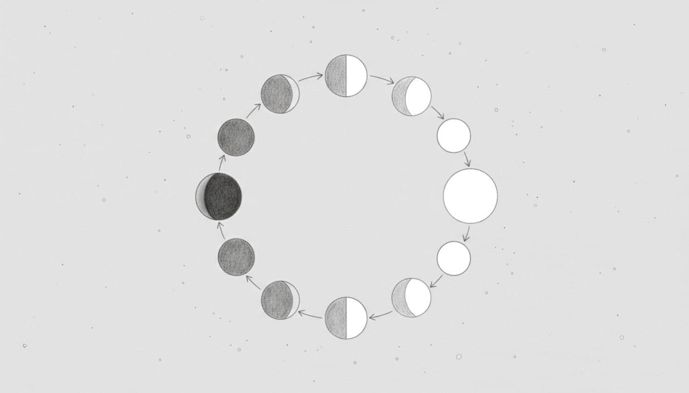 Hand-drawn graphite sketch of moon phases cycle from new moon to full moon and back on light gray paper with subtle stars.