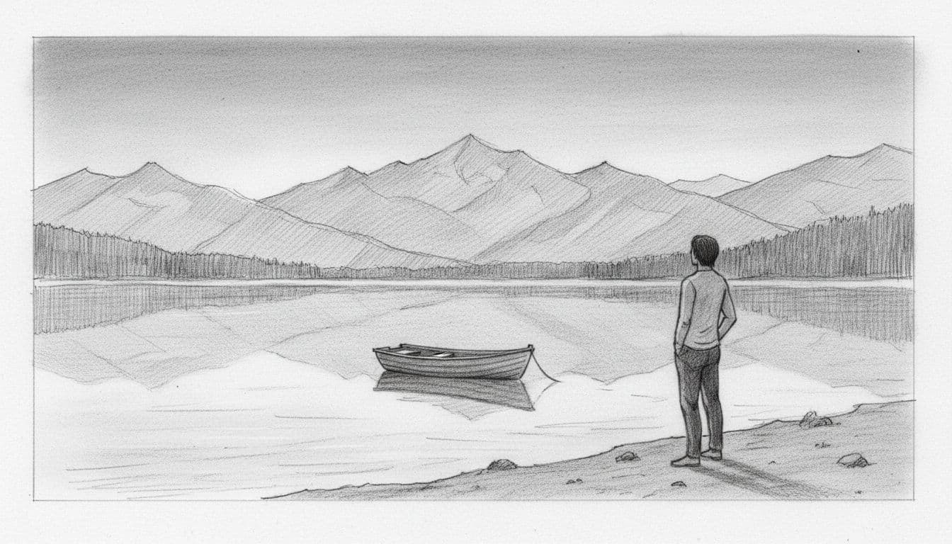 Graphite sketch of calm lake in mountains at dusk, small boat on water, silhouetted person on shore.