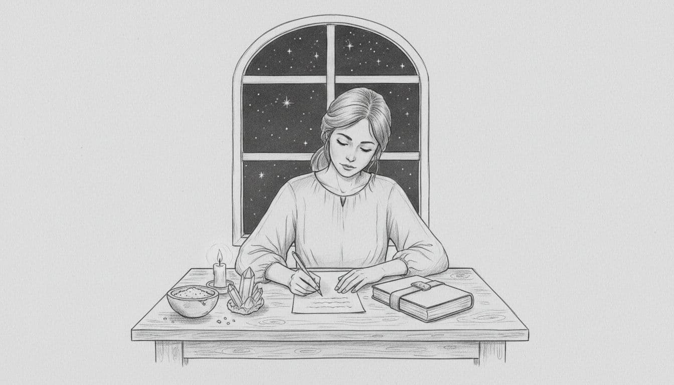 Graphite sketch of calm woman at wooden desk writing on paper, salt bowl and crystal nearby, starry sky window.