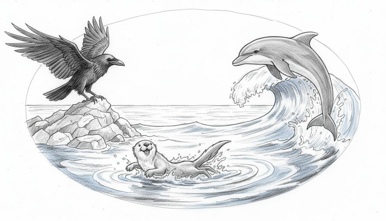 Playful otter swims in water, dark raven stands on seaside rock with wings partially spread, dolphin jumps from waves in dynamic sketch.