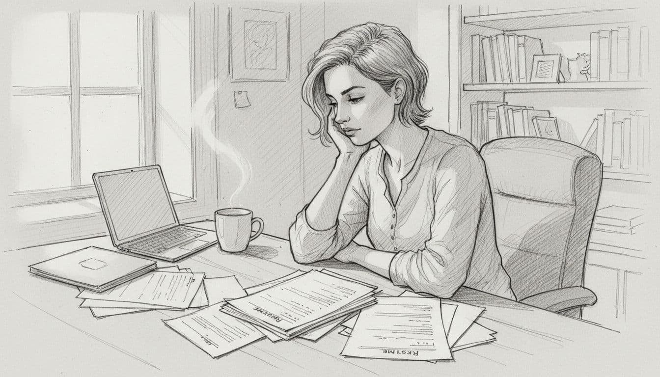 Graphite sketch of young short-haired woman sitting thoughtfully at wooden desk with resumes, laptop, and coffee mug in home office.