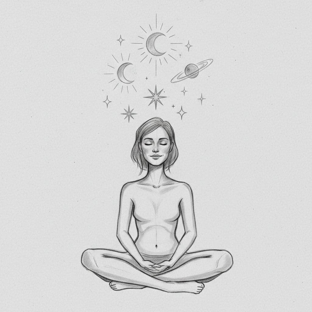 A graphite sketch depicts a person with closed eyes surrounded by floating moons and stars.