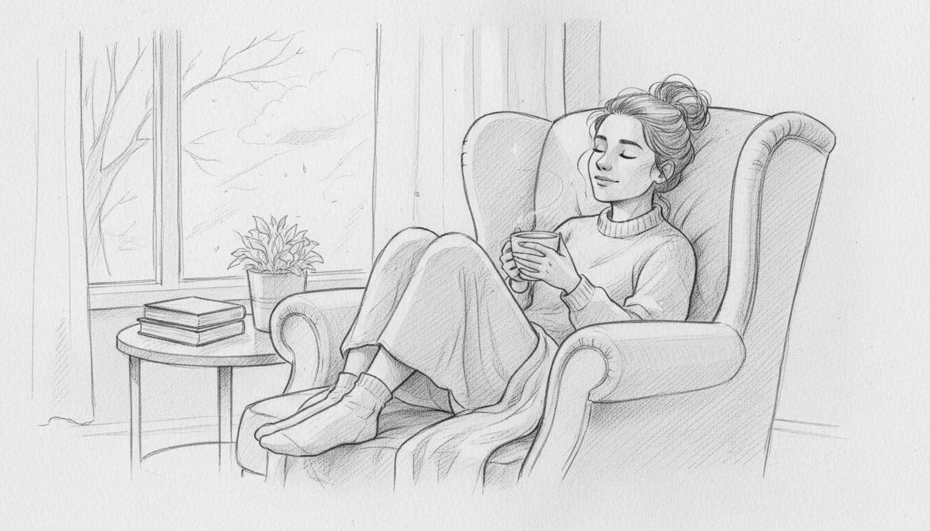 A graphite drawing shows a person sitting comfortably in an armchair holding a cup of tea.