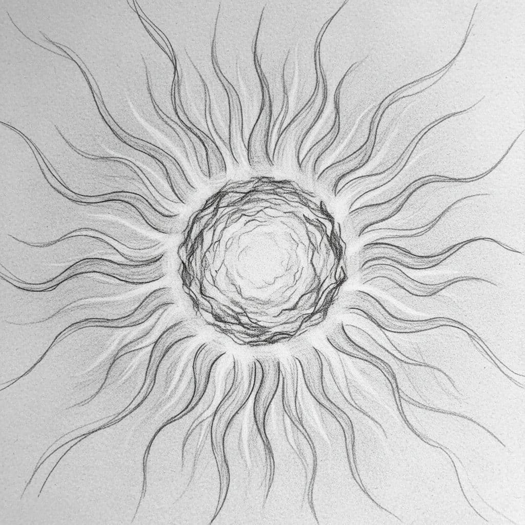 Graphite sketch on light gray paper of central sun symbol radiating energy with simple lines and light shading.