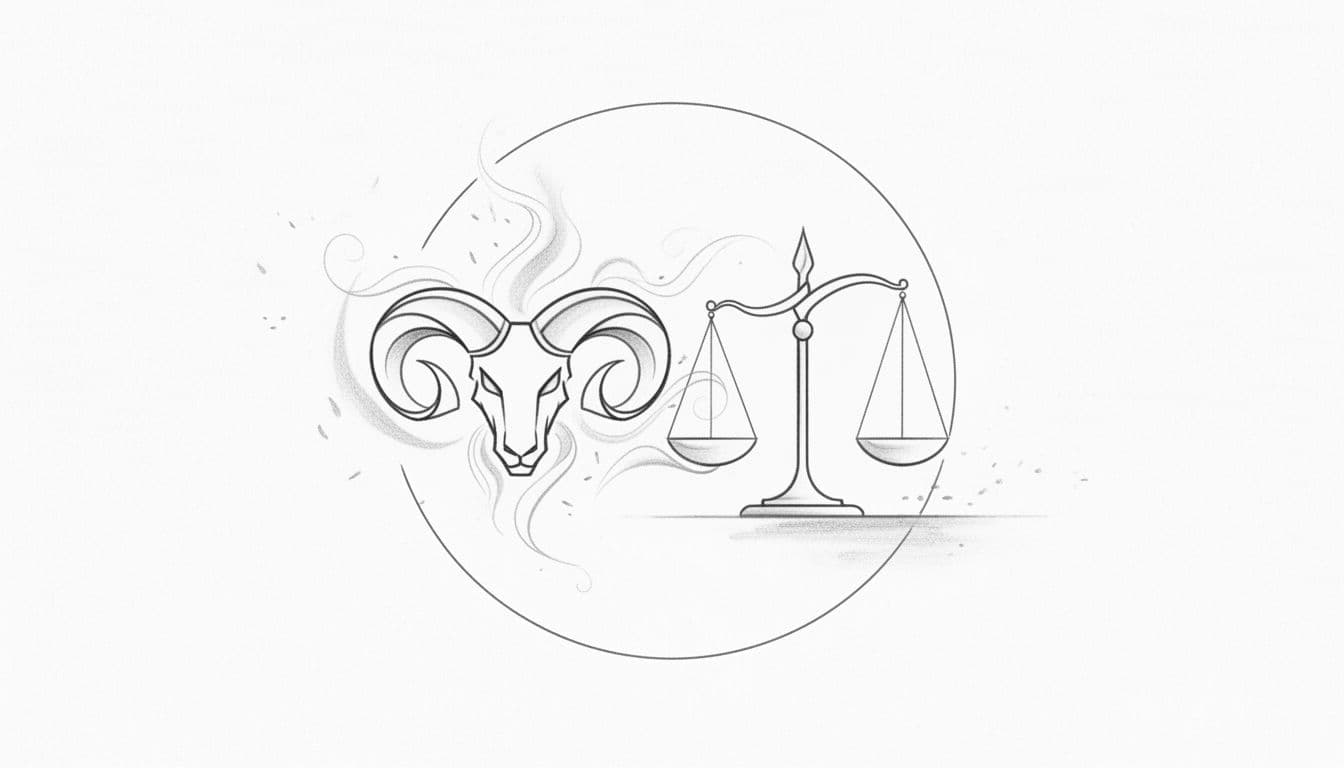 Graphite sketch on white paper with stylized ram and scales symbols side by side, linked by light shading.