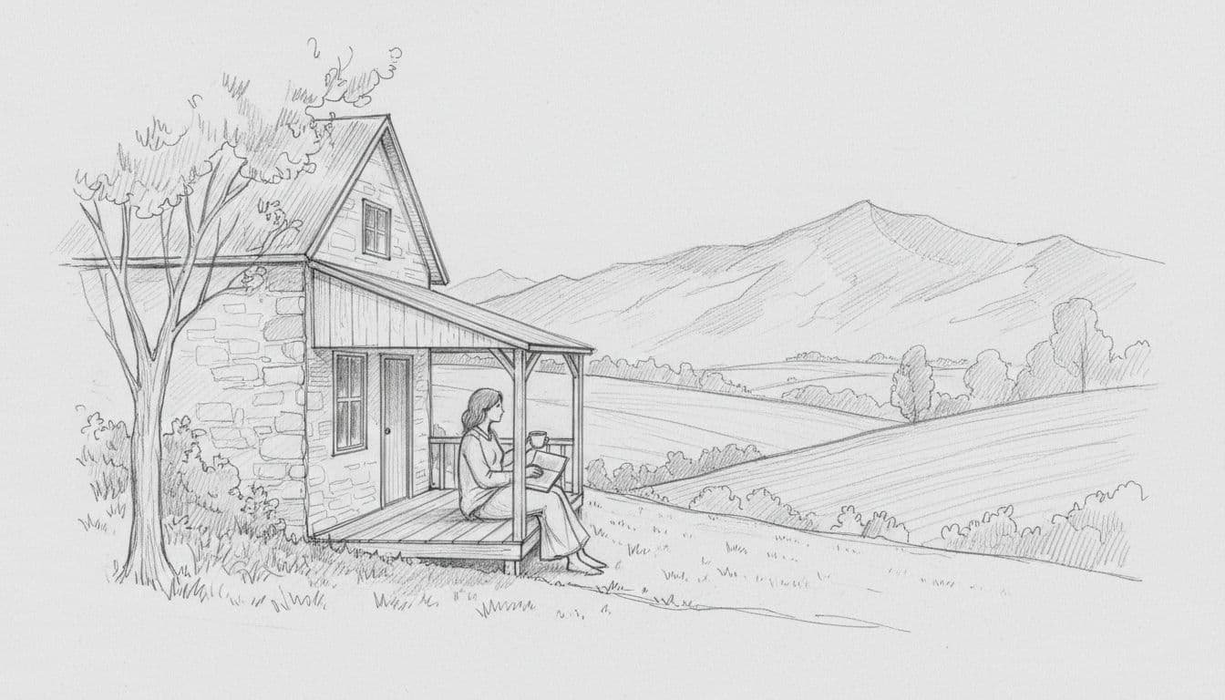 Hand-drawn graphite sketch of countryside house surrounded by fields and distant mountains, one person on veranda with tea and book.