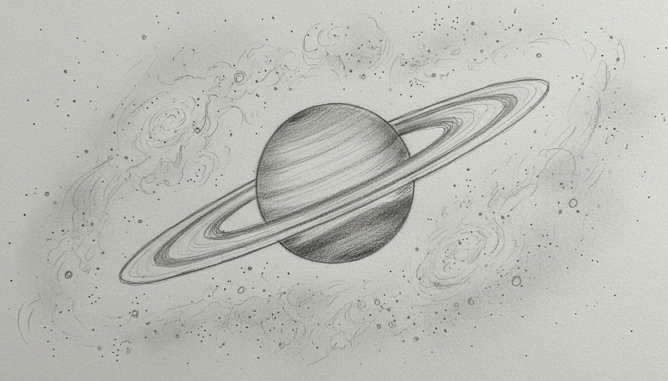 Graphite sketch of Saturn with prominent rings against starry background on light gray paper.