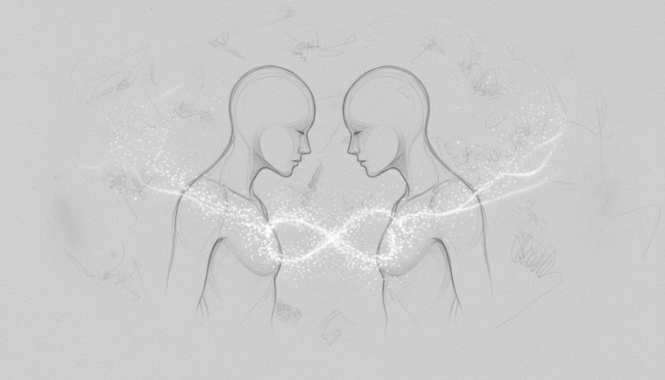 Graphite sketch on light gray paper shows two abstract human silhouettes facing each other, linked by glowing stardust lines between hearts.