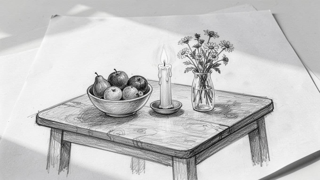 Hand-drawn graphite sketch of wooden table with fruit bowl, lit candle, and wildflowers vase on white paper.