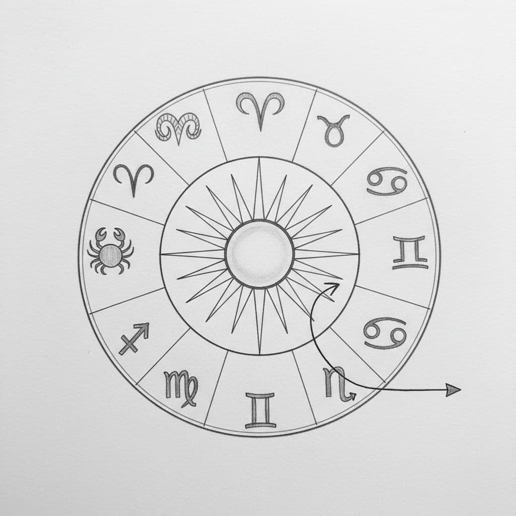 Graphite sketch on light gray paper shows minimalist zodiac wheel with central radiant sun and arrow to rising horizon.