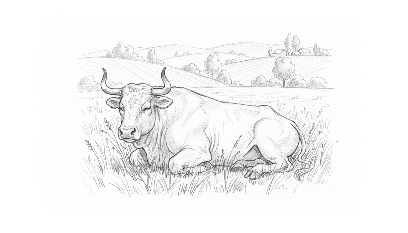 Hand-drawn sketch of a bull resting in a meadow with rolling hills in background.