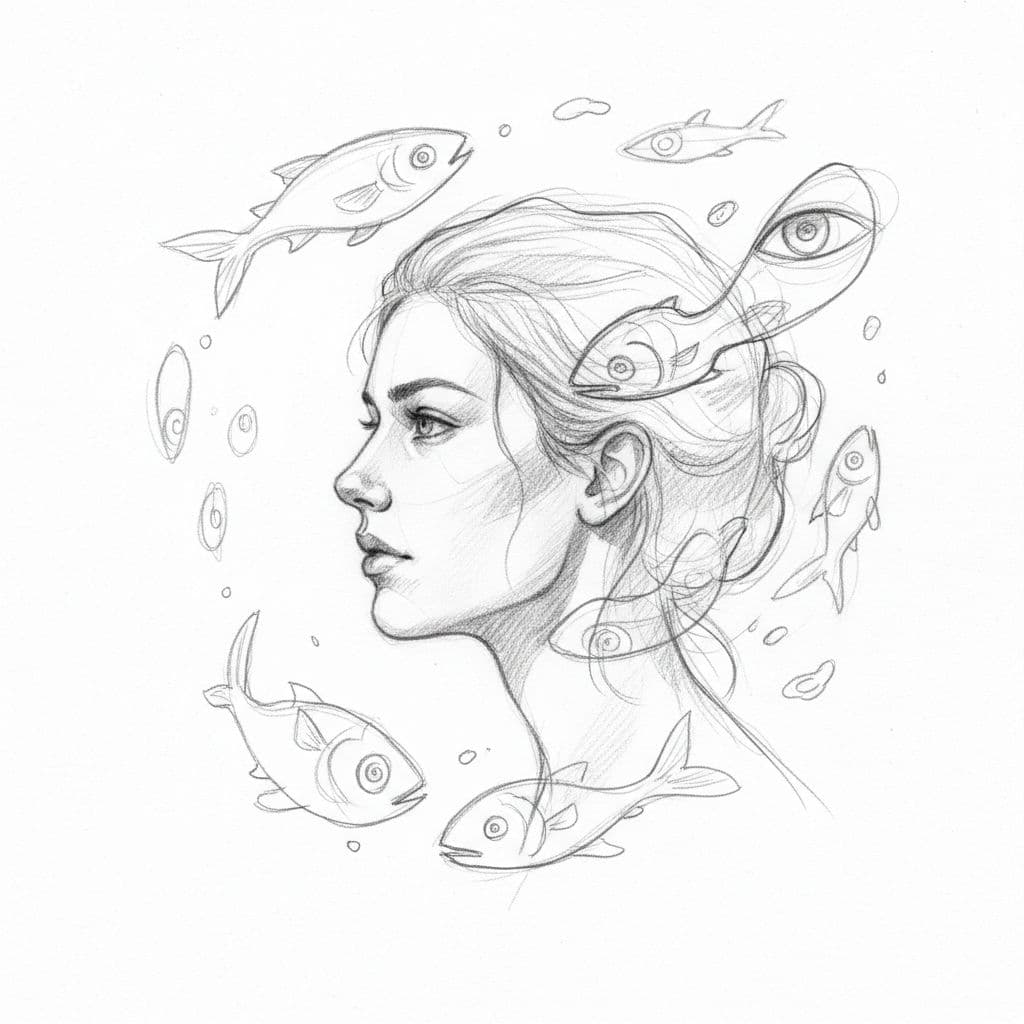 Hand-drawn sketch of a person gazing thoughtfully into distance with abstract idea shapes floating around on white paper.