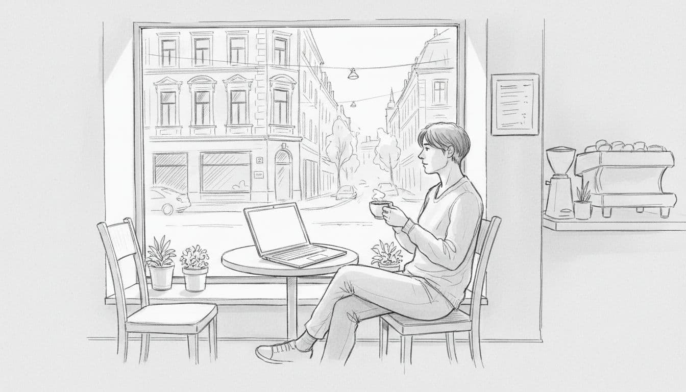 Hand-drawn sketch of one person with coffee and notebook at cafe window overlooking city street.