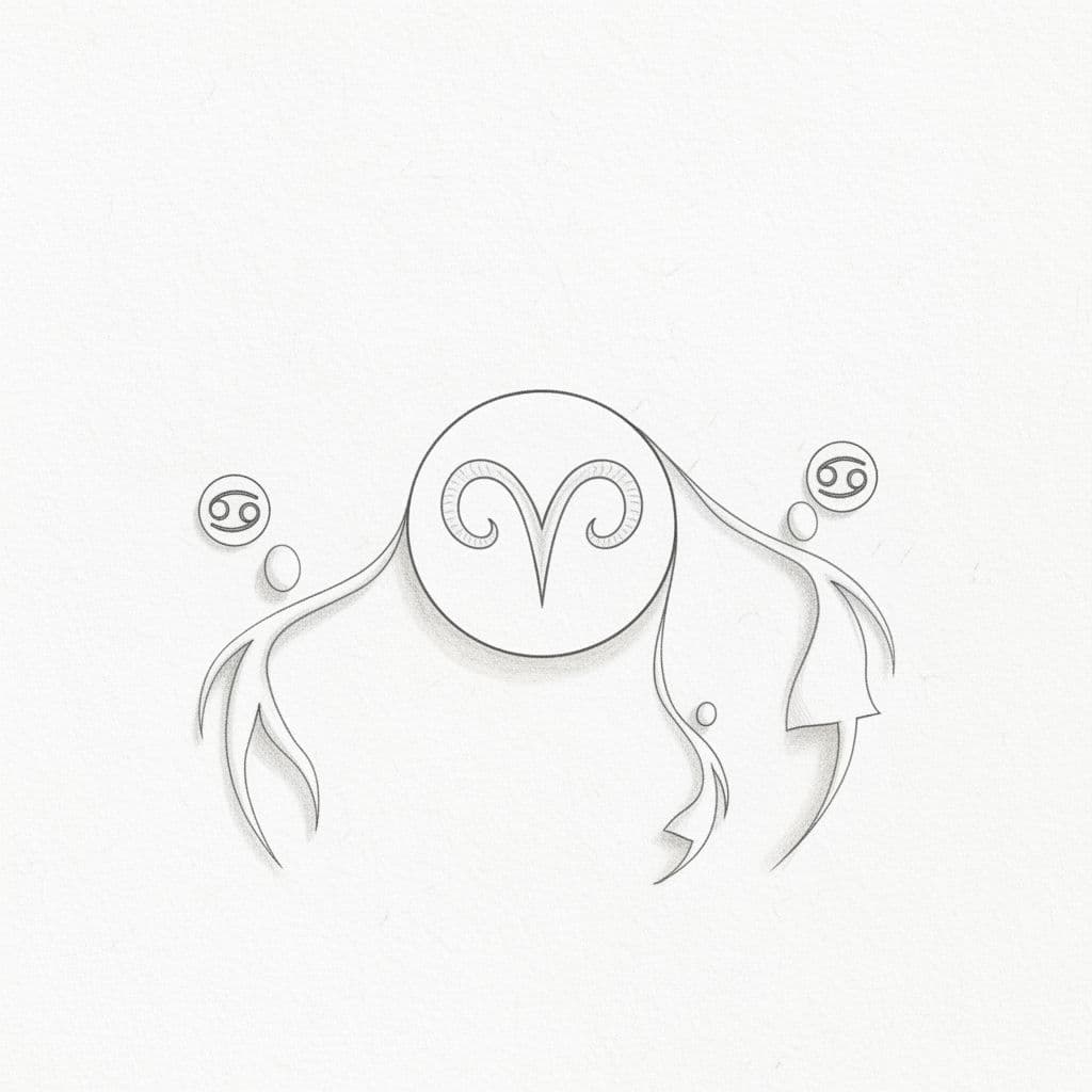 A minimalist pencil drawing features abstract figures and zodiac symbols arranged on a white background.