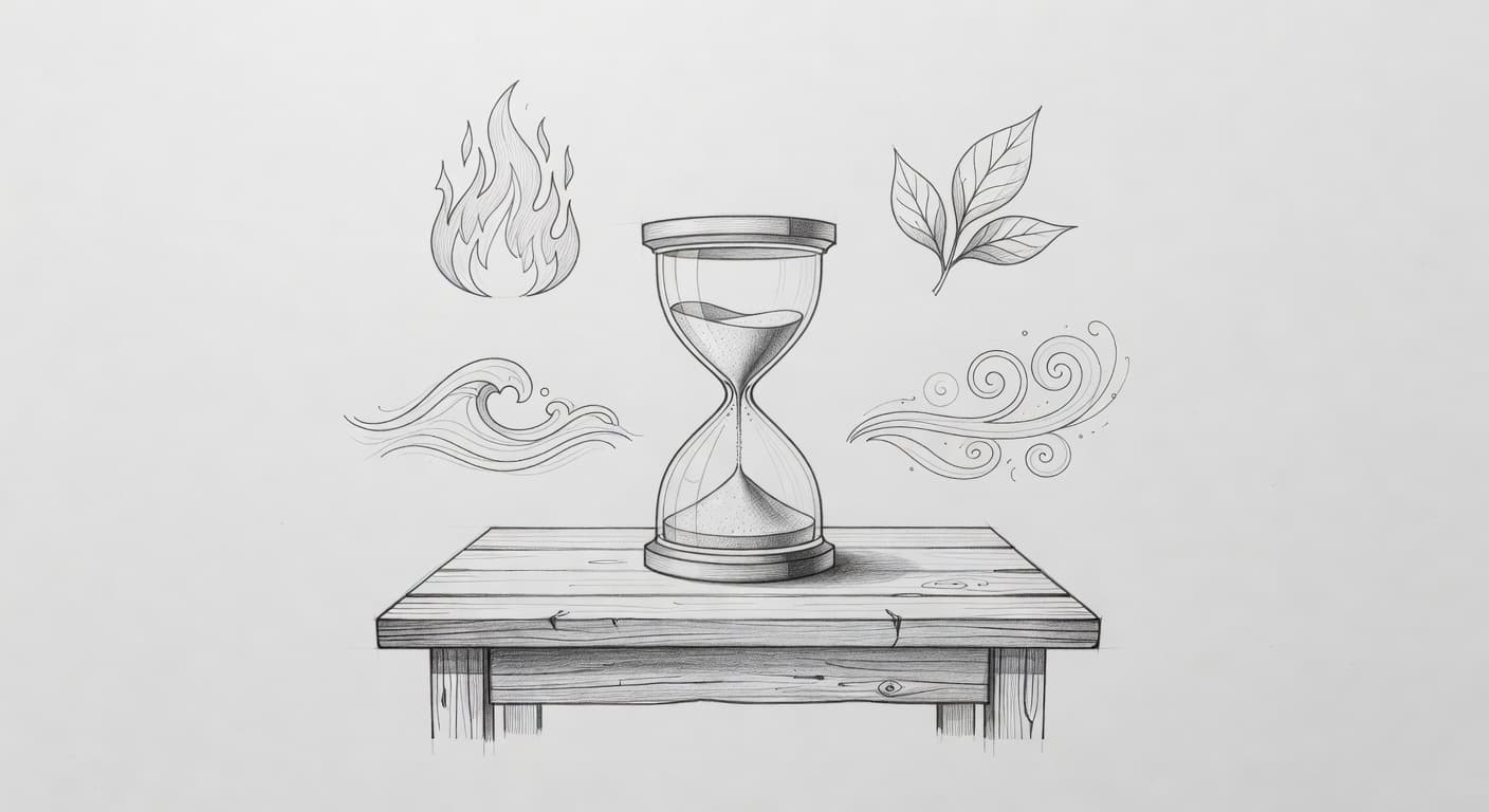 A detailed graphite drawing of an hourglass rests on a rustic wooden desk. Surrounding symbols depict stylized fire flames, water waves, green earth leaves, and swirling air currents on textured paper.