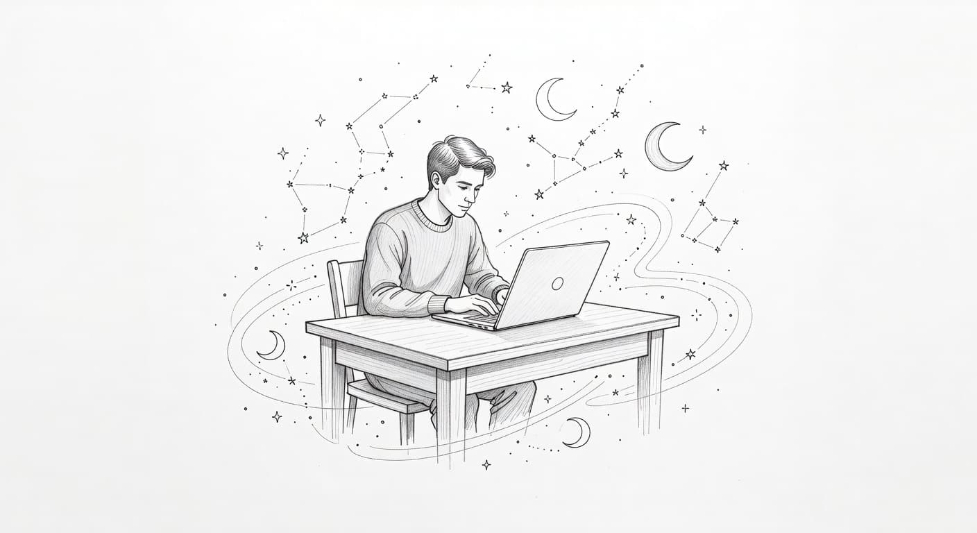 A graphite sketch showing a person focused on a laptop at their desk. Delicate illustrations of glowing stars and crescent moons surround the workspace against a textured white paper background.