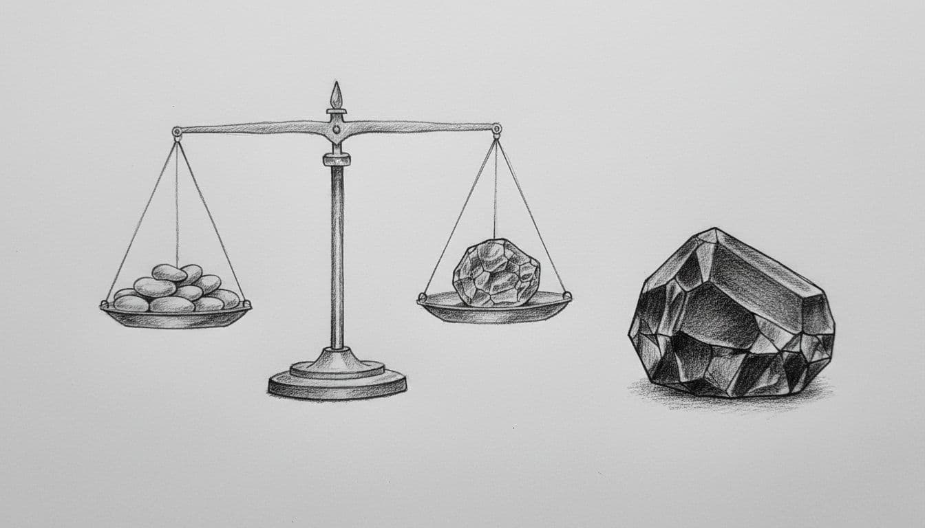 A detailed graphite drawing on light gray paper shows a pair of scales in perfect equilibrium. Beside the balanced structure sits a single, jagged, obsidian-like stone representing hidden intensity and depth.