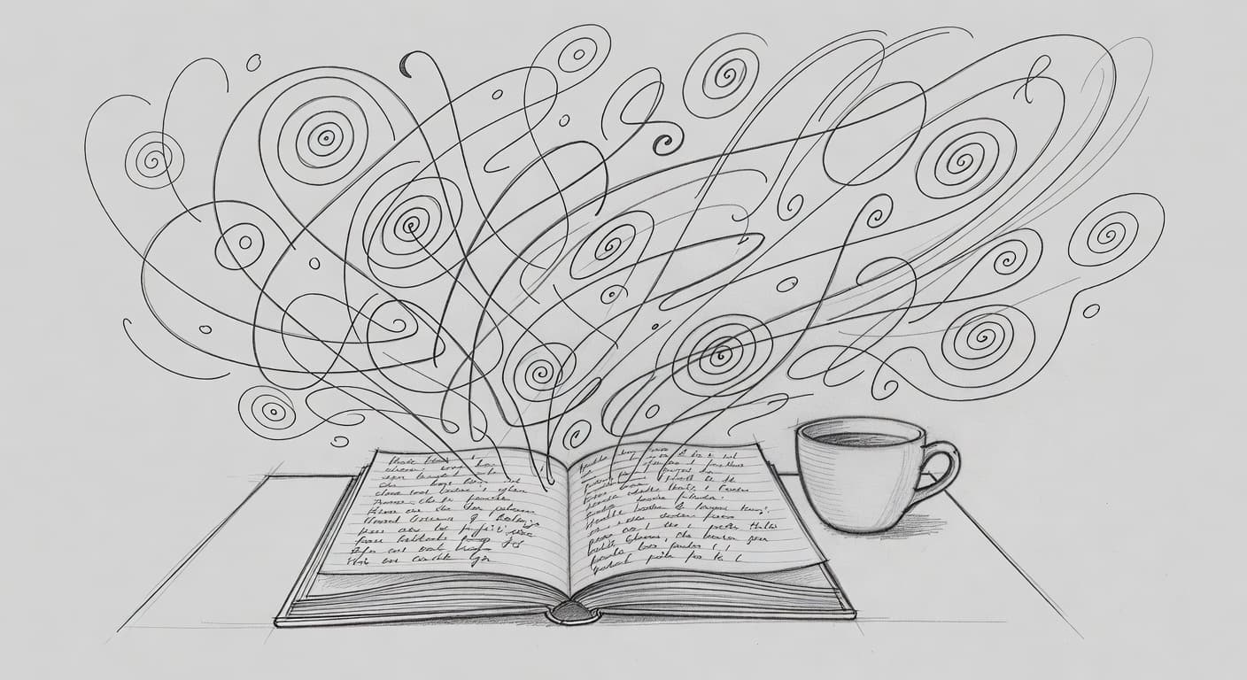 A graphite pencil sketch shows an open notebook filled with dense handwriting atop a desk. A nearby coffee cup sits below swirling abstract lines that drift upward, illustrating active creative thinking.