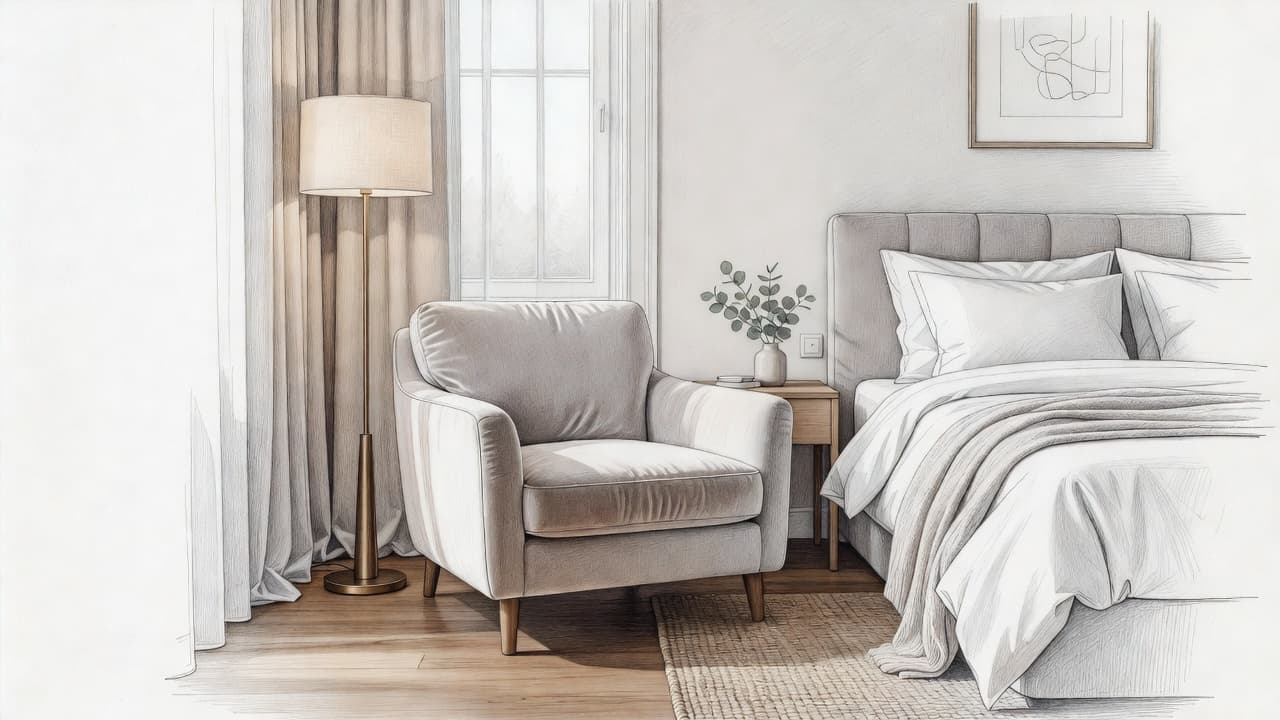 A detailed graphite drawing illustrates a tranquil hotel suite featuring a plush armchair and elegant decor. Soft, hand-drawn shading creates a clean, peaceful atmosphere across the textured white paper surface.